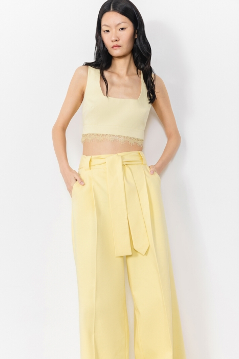 Gizia Yellow Crop Top With Square Collar Lace Detail. 1