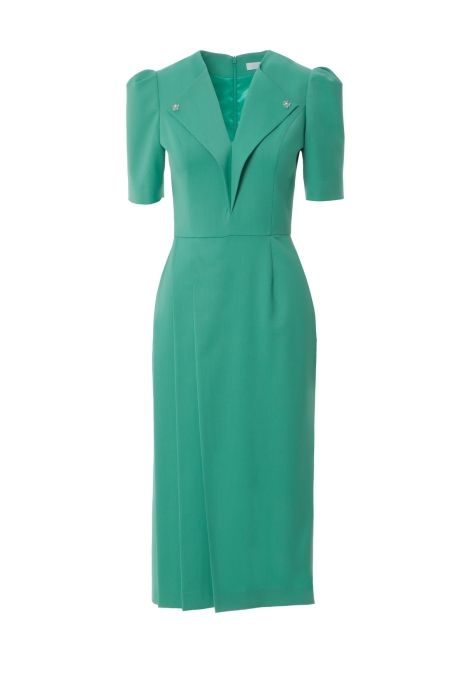 Gizia Embroidered Pleated Green Dress With Collar Detail. 4