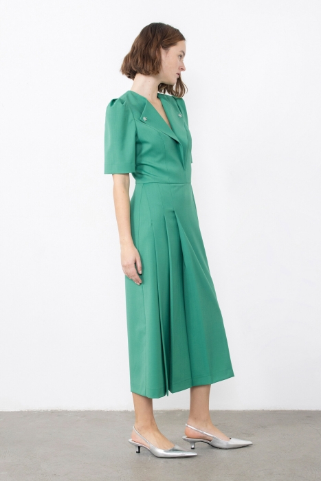 Gizia Embroidered Pleated Green Dress With Collar Detail. 2