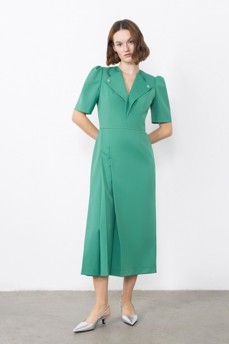 Gizia Embroidered Pleated Green Dress With Collar Detail. 1