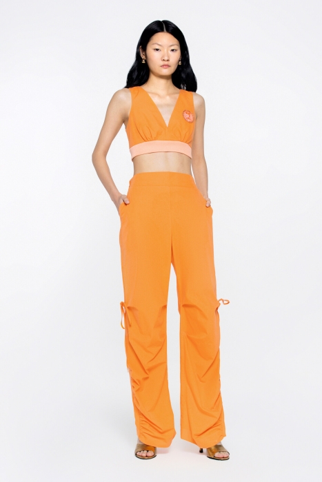 Gizia Model Detailed Trotters With Side Seam Slits Shrinkable Back Waistline Shirred Orange Trousers. 1