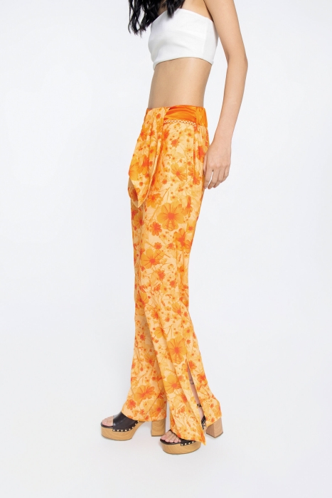 Gizia Special Pattern Orange Satin Trousers With Binding Detail Cord Nib Tassel Decoration. 3