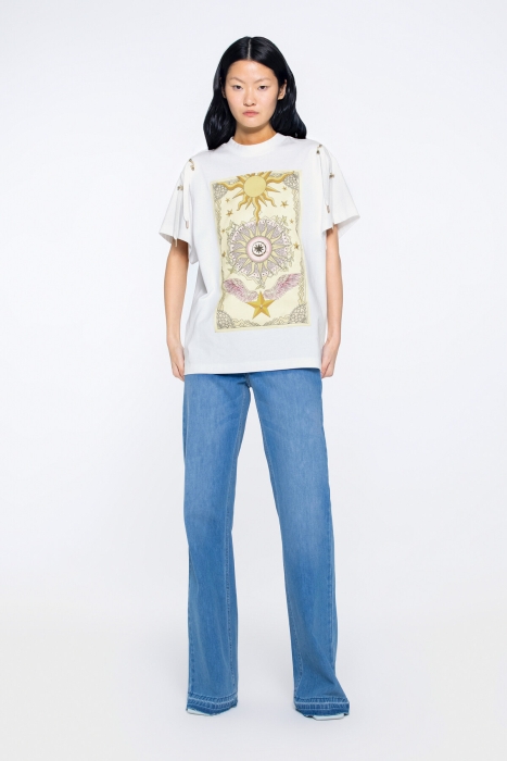 Gizia Special Tarot Pattern Printed Shoulder Lace Detailed Embroidered Ecru Tshirt. 1