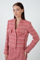 Red Tweed Box-Form Jacket with Pocket Flap Detail - Gizia