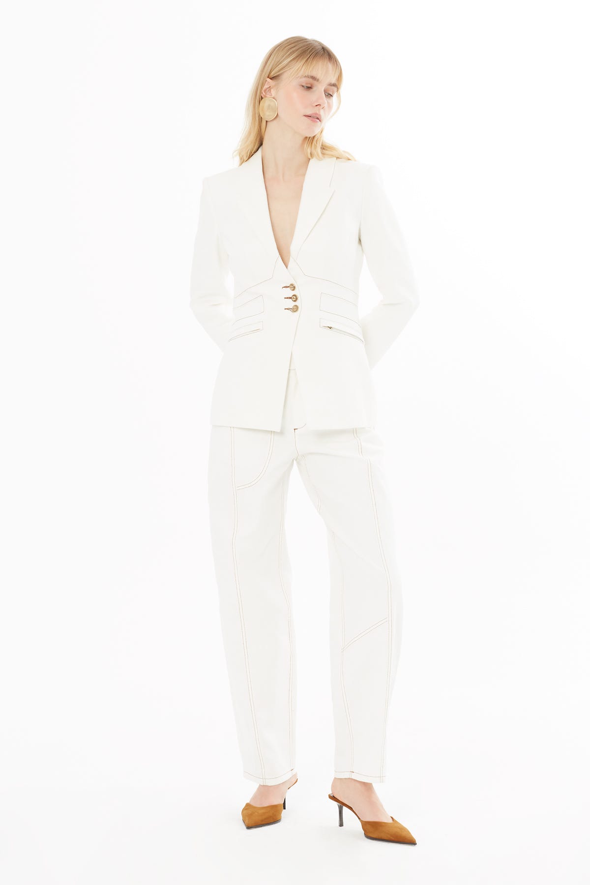 Kruvaze Yaka Kontrast Dikişli Ceket