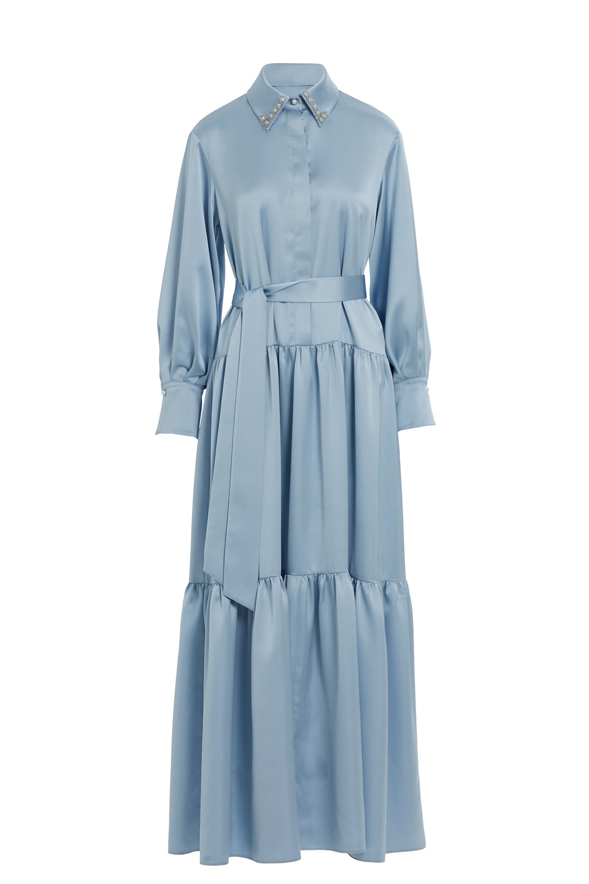 Yakası İşlemeli Kuşaklı Saten Gri Elbise