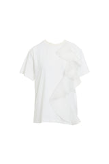 Yuvarlak Yaka Organze Volanlı Kısa Kollu Beyaz T-shirt