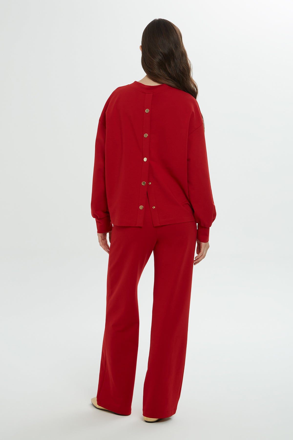 Arkası Düğme Detaylı Bisiklet Yaka Kırmızı Takım