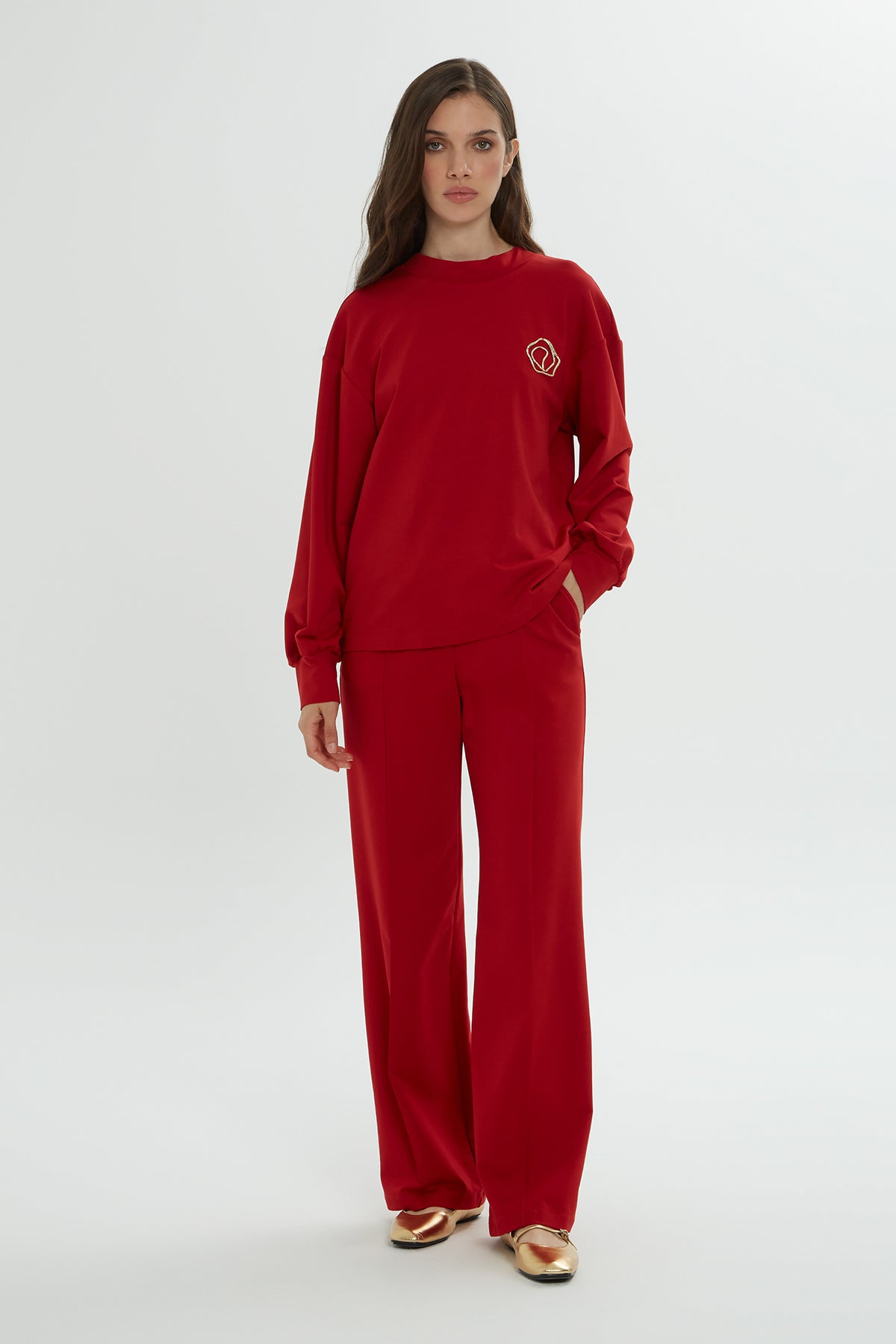 Arkası Düğme Detaylı Bisiklet Yaka Kırmızı Takım