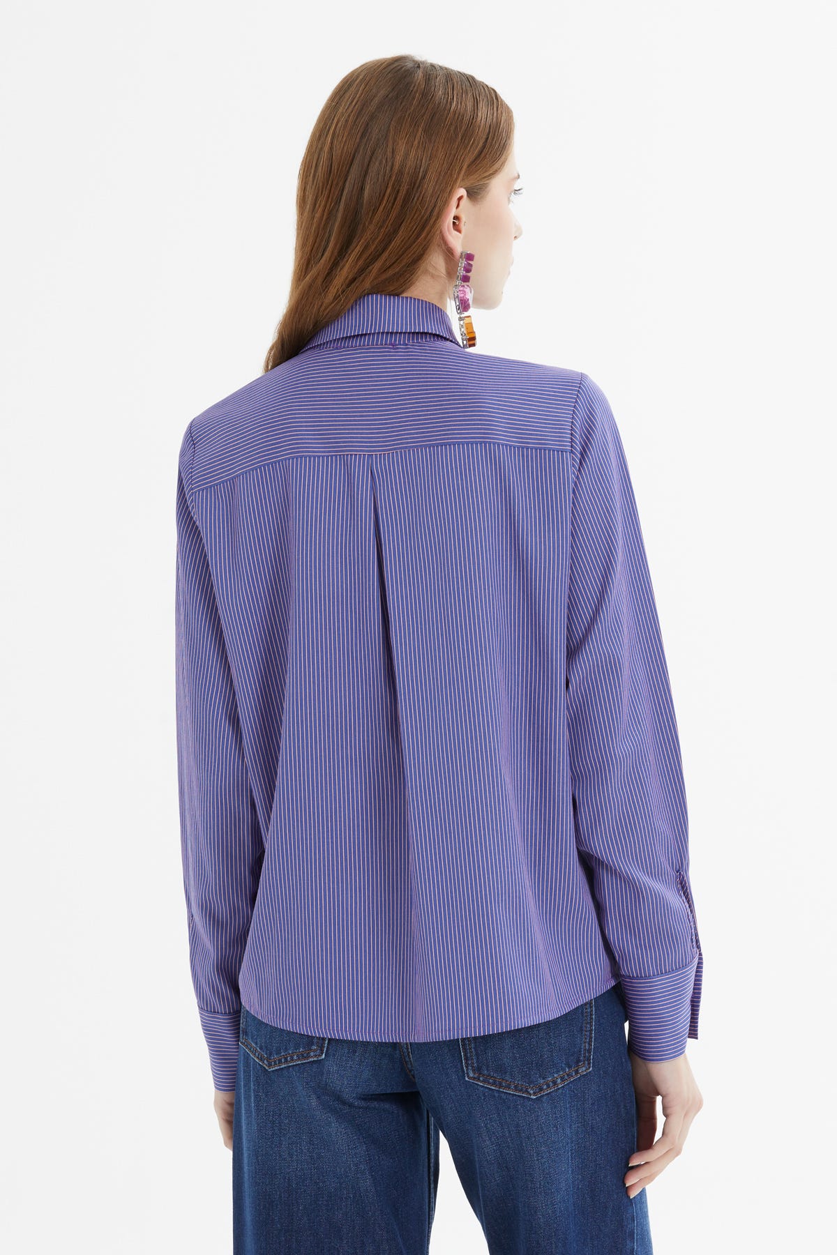 Yakası Fırfır Detaylı Çizgili Poplin Gömlek