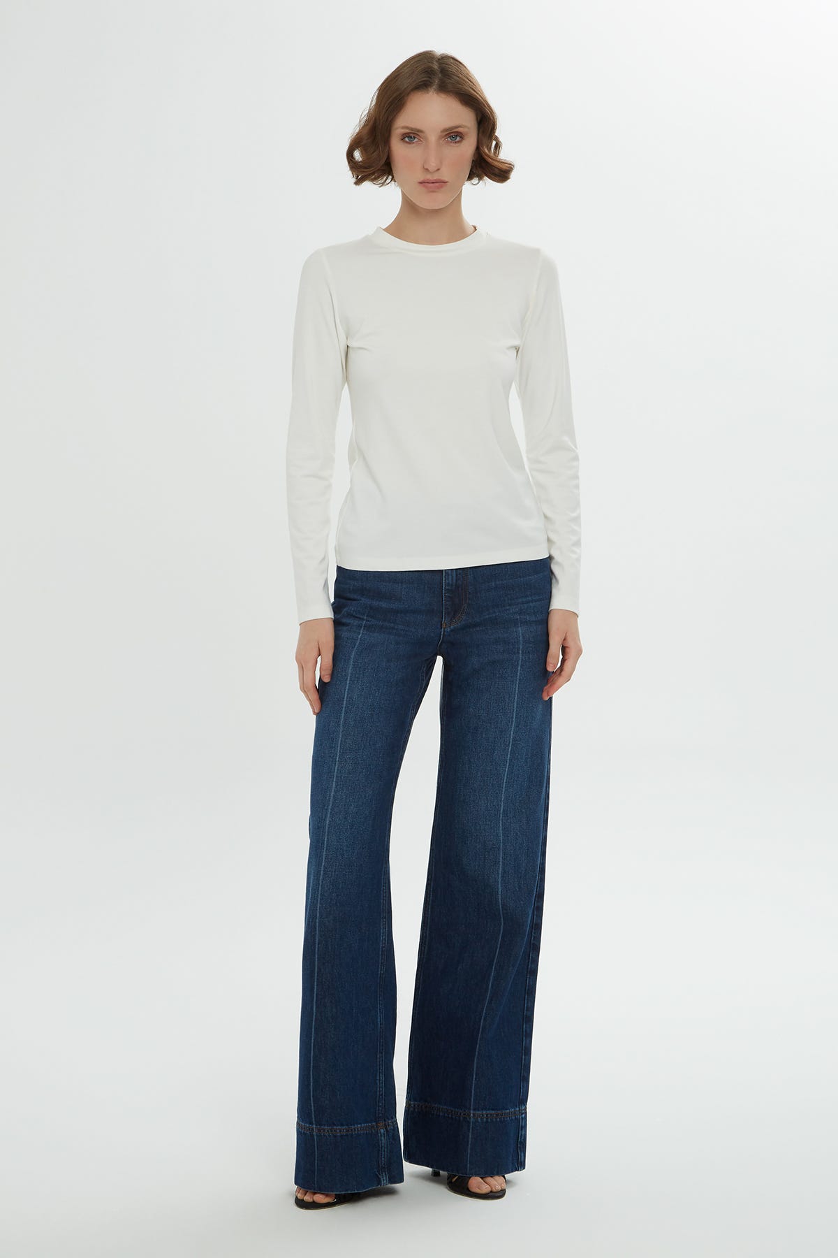 Bisiklet Yaka Uzun Kollu Örme Ekru T-Shirt