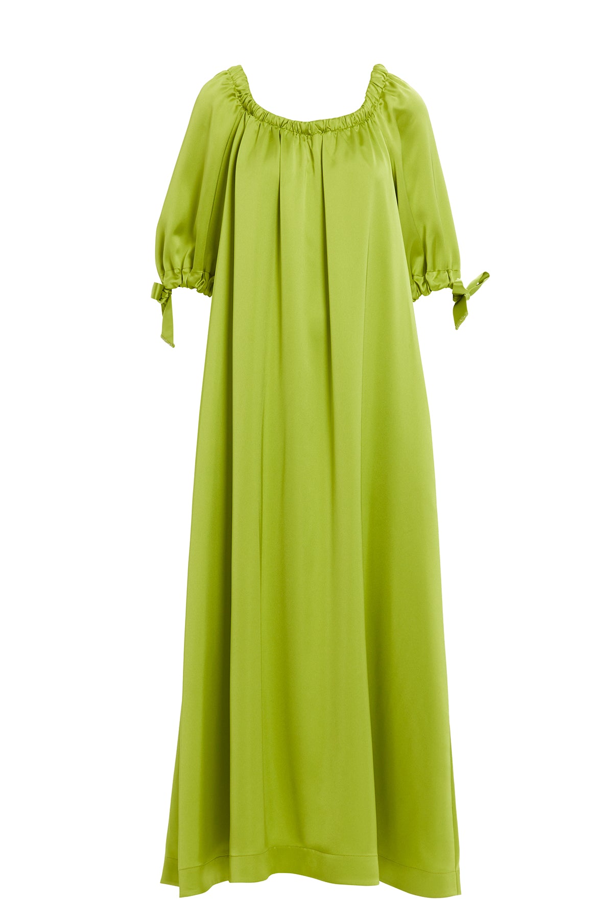 Yakası Lastikli Boncuk İşlemeli Astarlı Uzun Yeşil Elbise