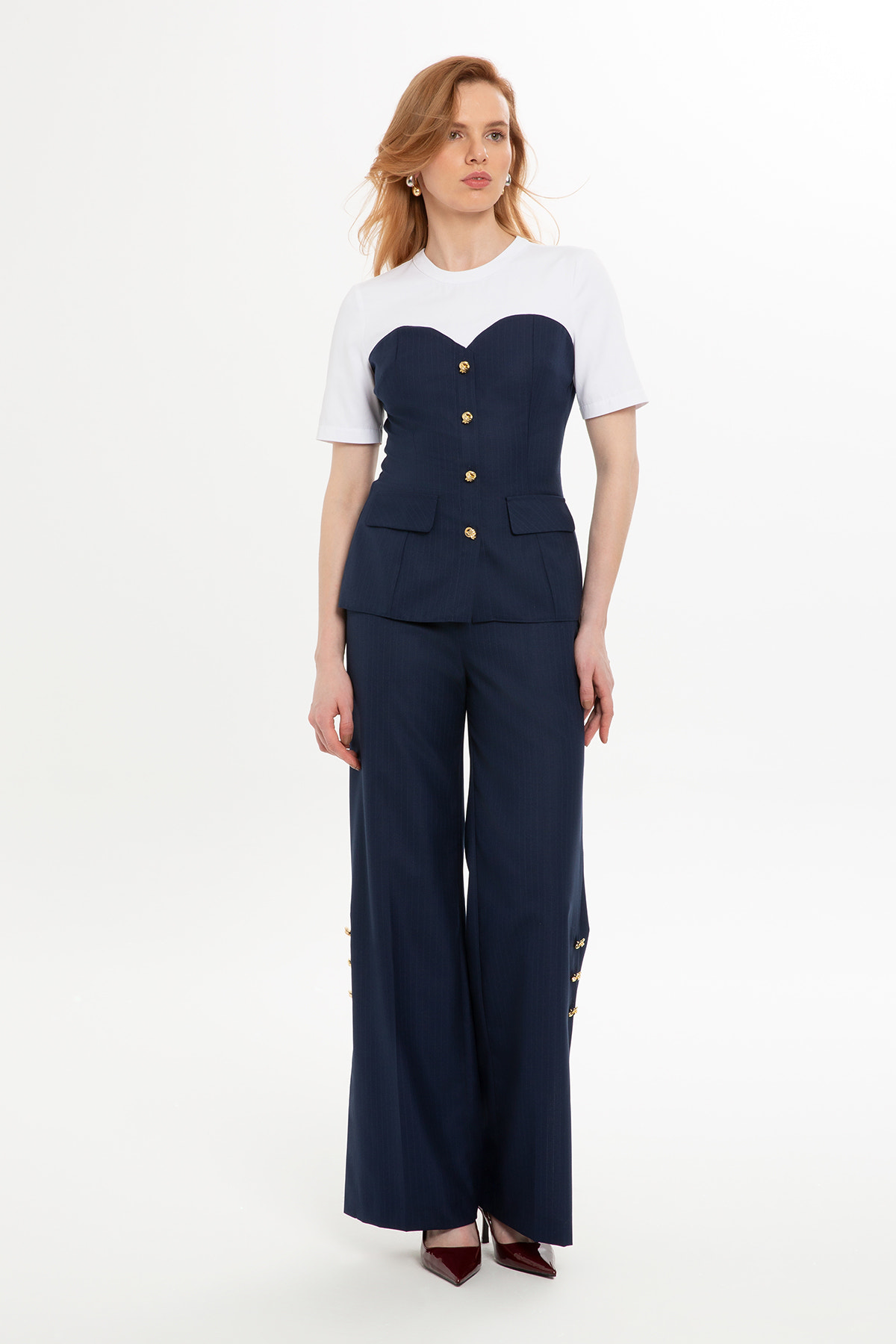 Çizgili Yarım Kol Lacivert Bluz ve Pantolon Takım