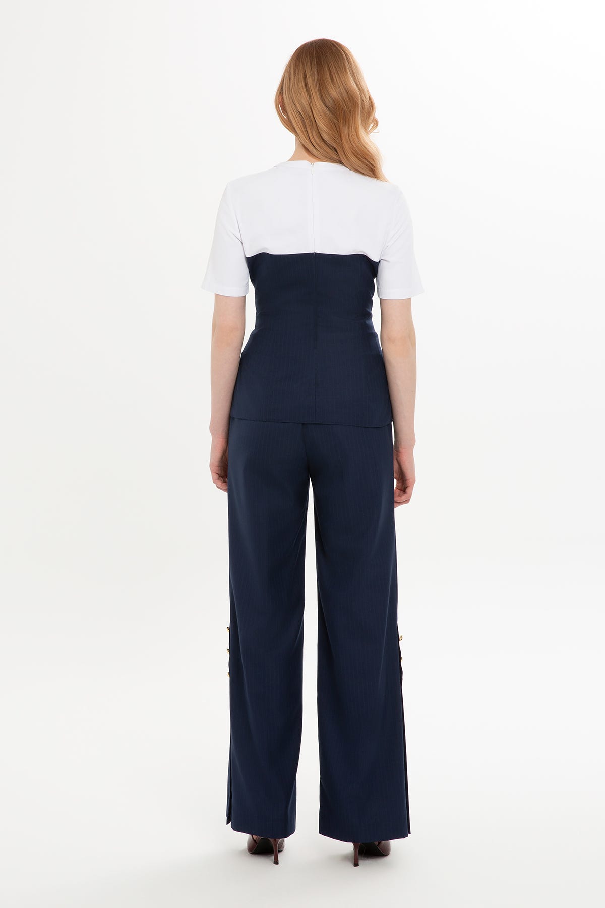 Çizgili Yarım Kol Lacivert Bluz ve Pantolon Takım