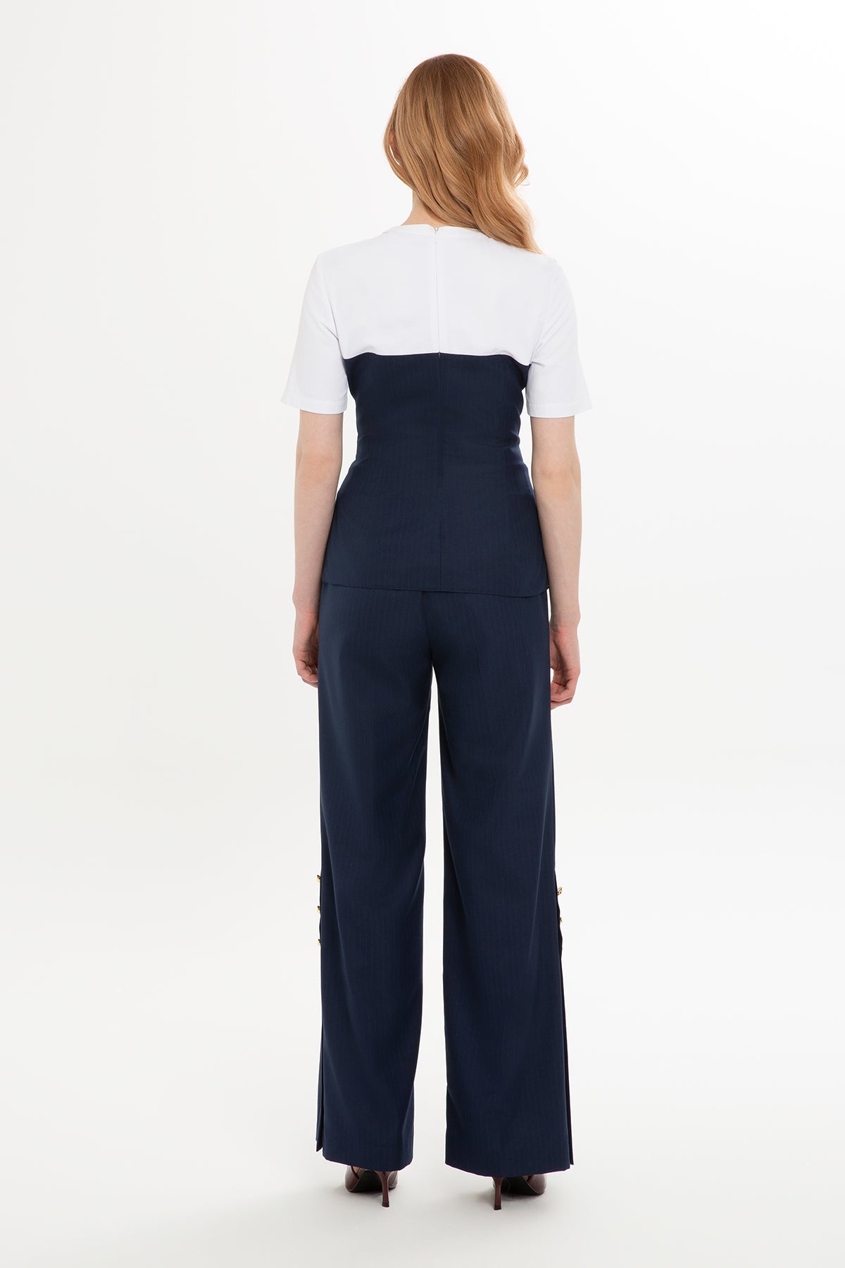 Çizgili Yarım Kol Lacivert Bluz ve Pantolon Takım