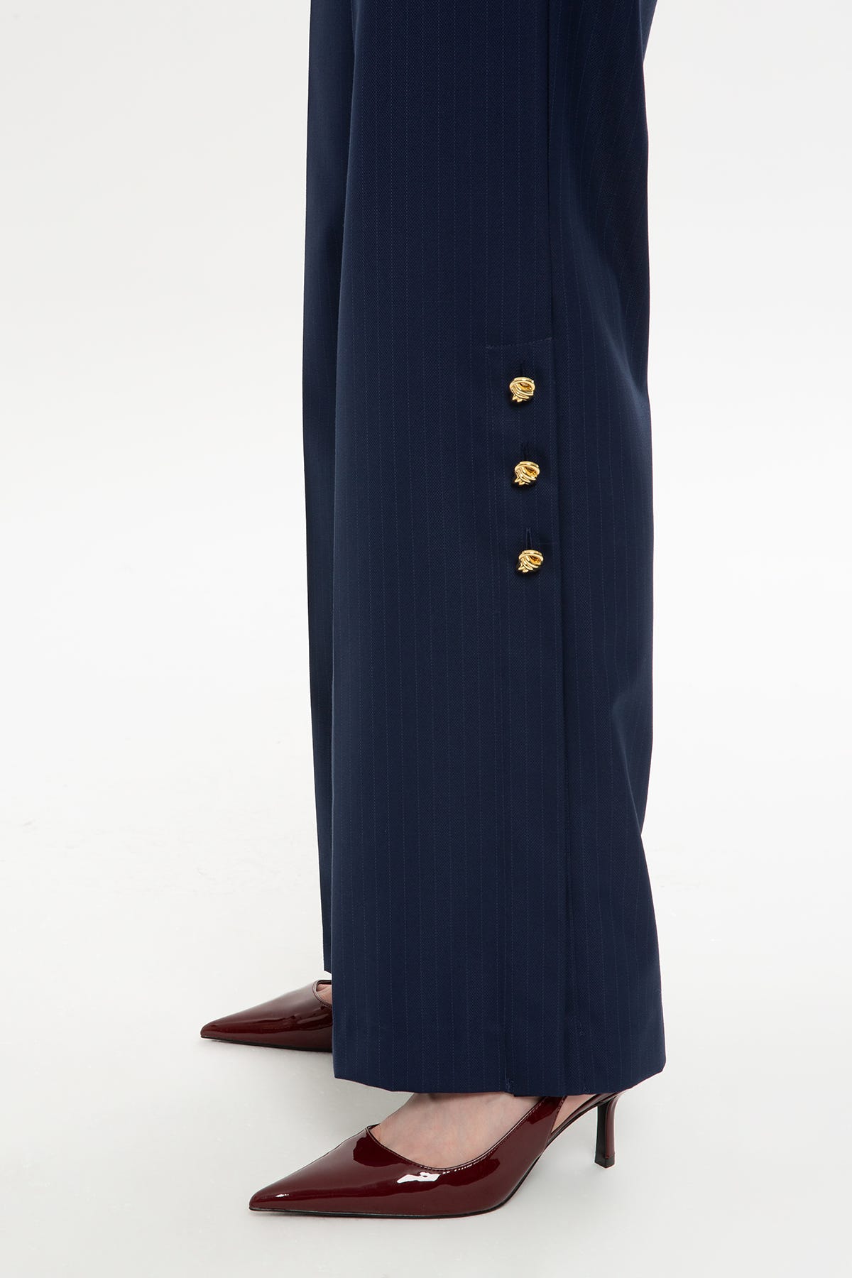 Çizgili Yarım Kol Lacivert Bluz ve Pantolon Takım