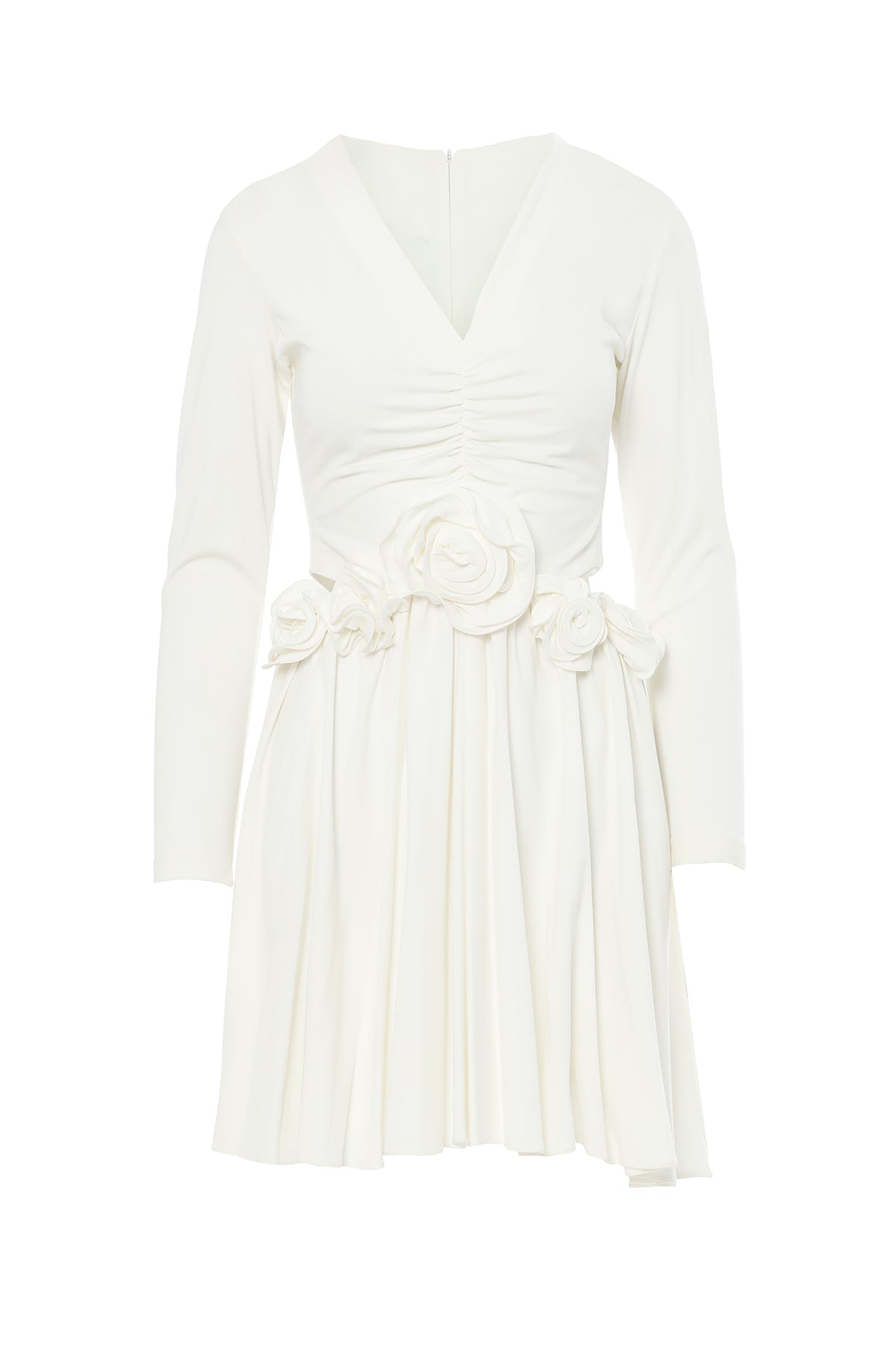 Çiçek Detaylı Beli Pencereli Beyaz Mini Elbise