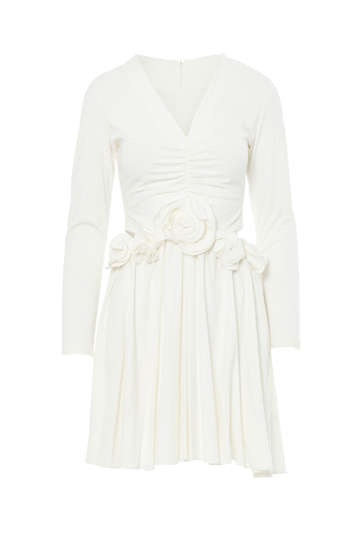 Çiçek Detaylı Beli Pencereli Beyaz Mini Elbise