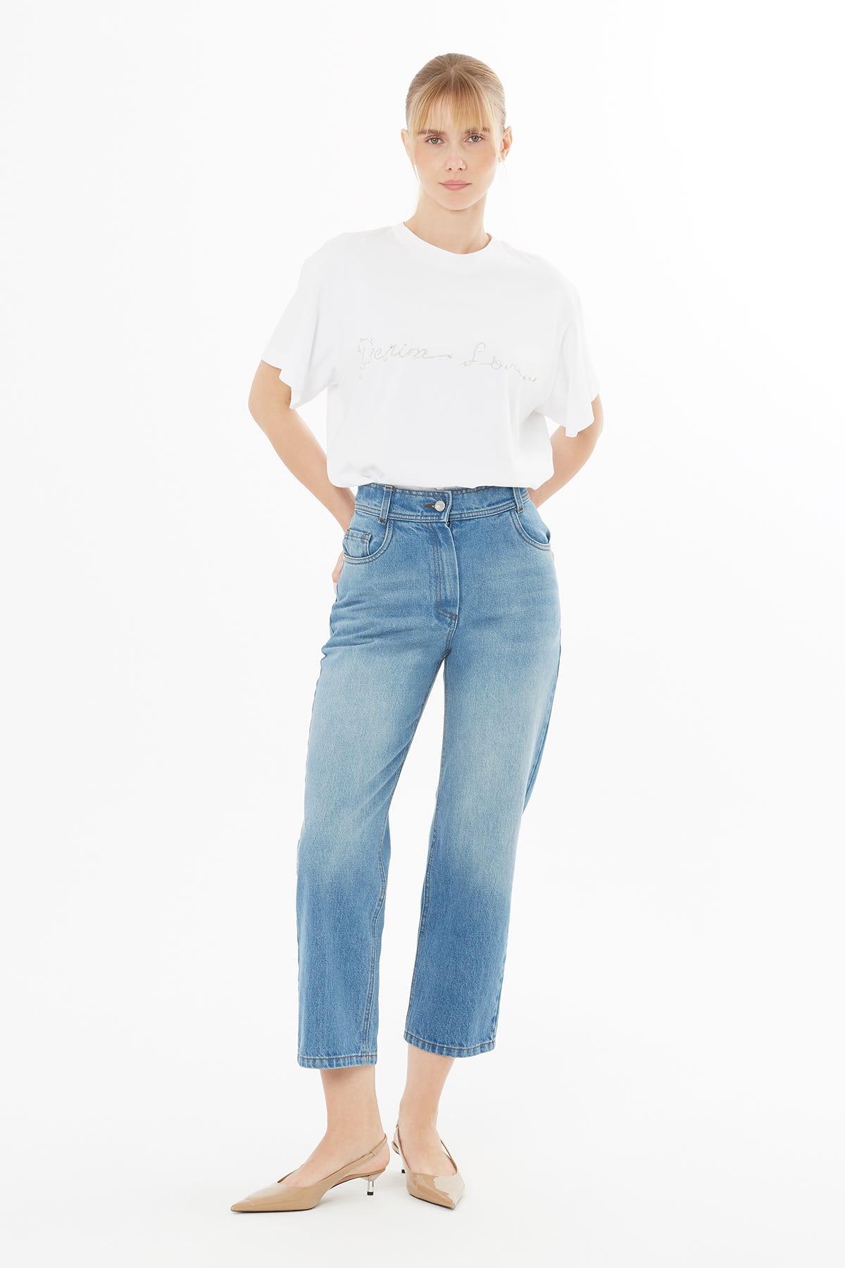 Rivet Detaylı Yüksek Bel Jean Pantolon