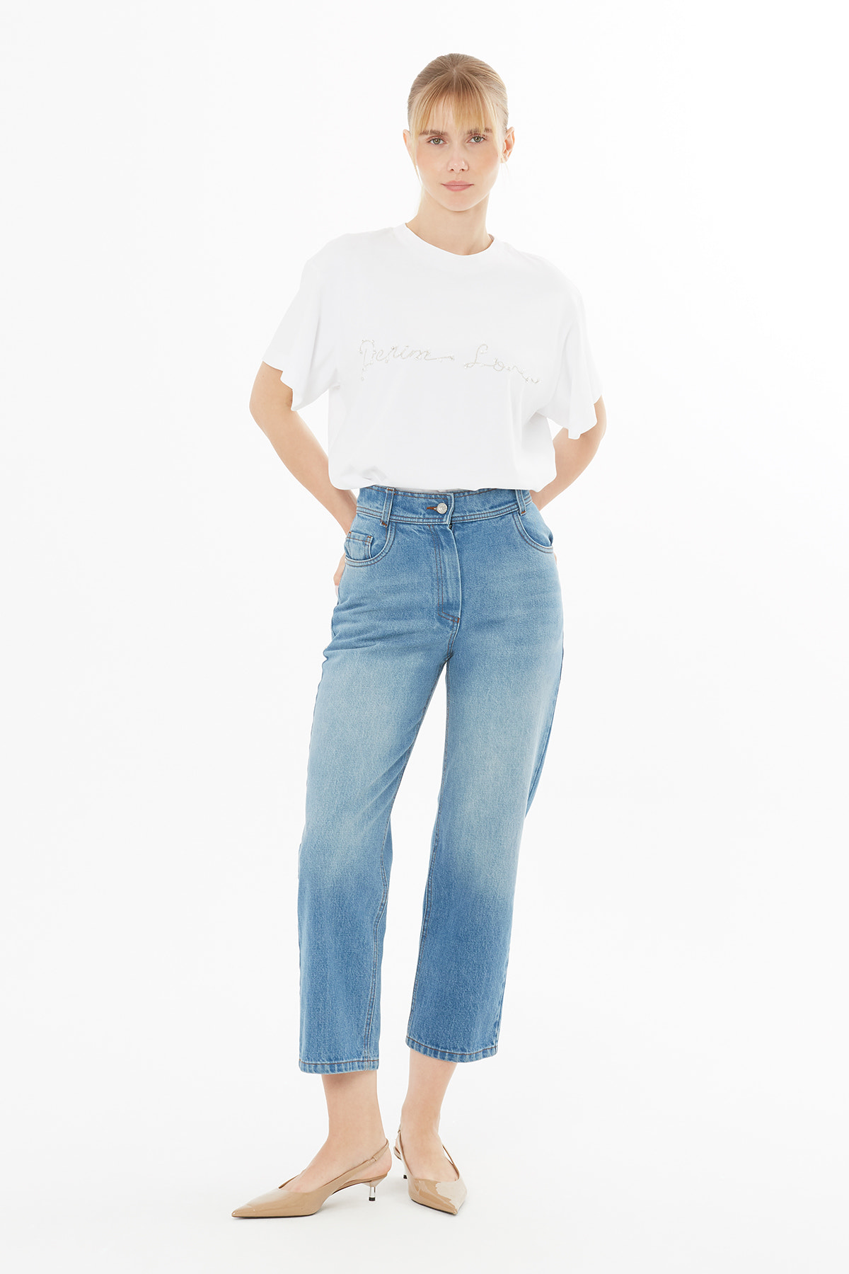 Rivet Detaylı Yüksek Bel Jean Pantolon