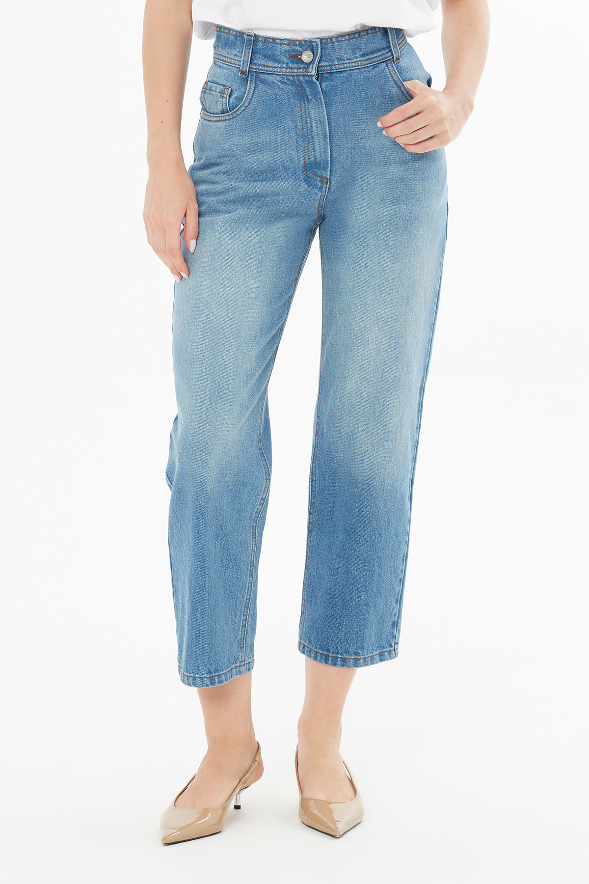 Rivet Detaylı Yüksek Bel Jean Pantolon