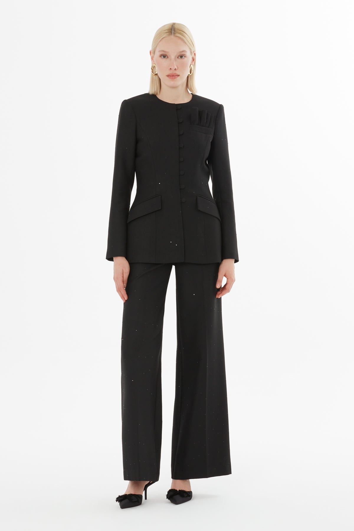 Kruvaze Kapamalı Kemerli Ceket ve Pantolonlu Takım