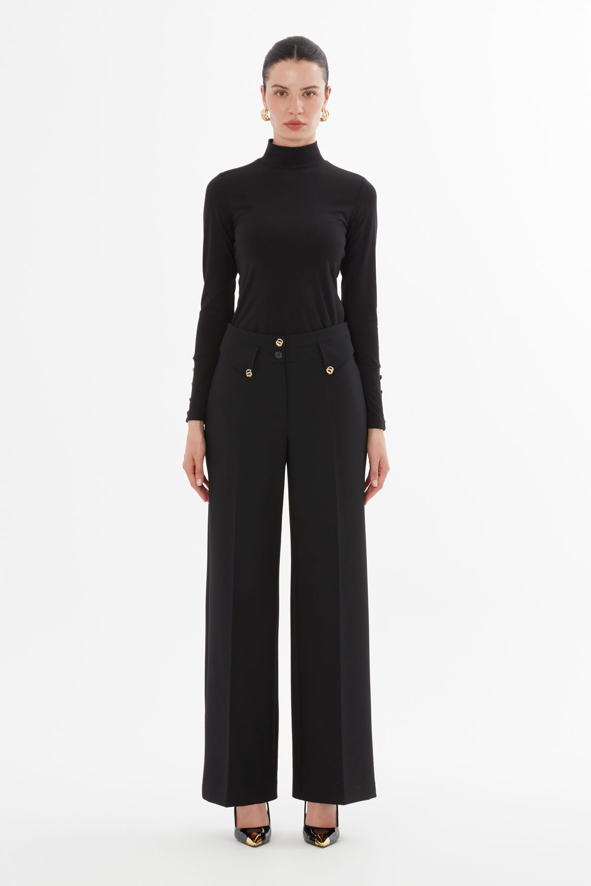 Ütü İzli Düğme Detaylı Siayh Palazzo Pantolon