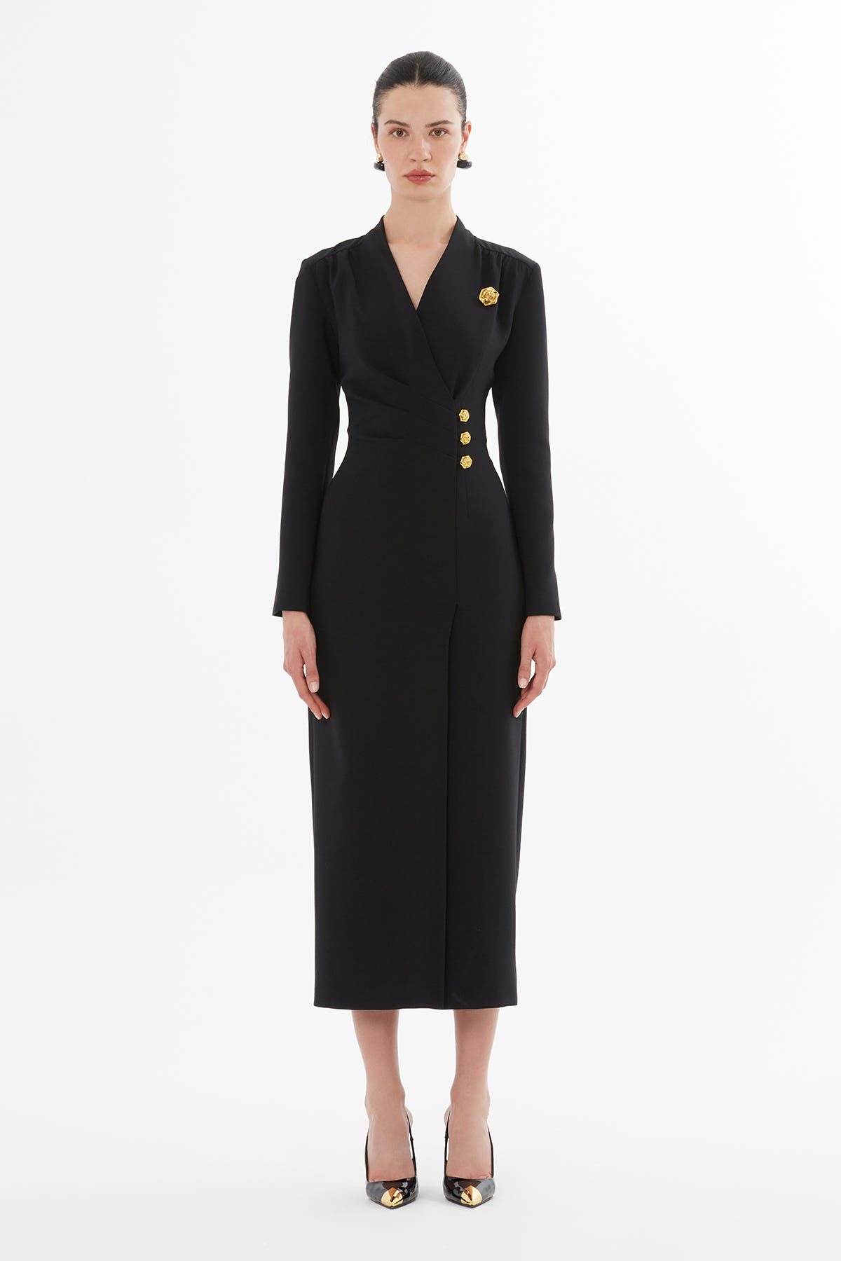 Kruvaze Kapamalı Yırtmaçlı Midi Elbise