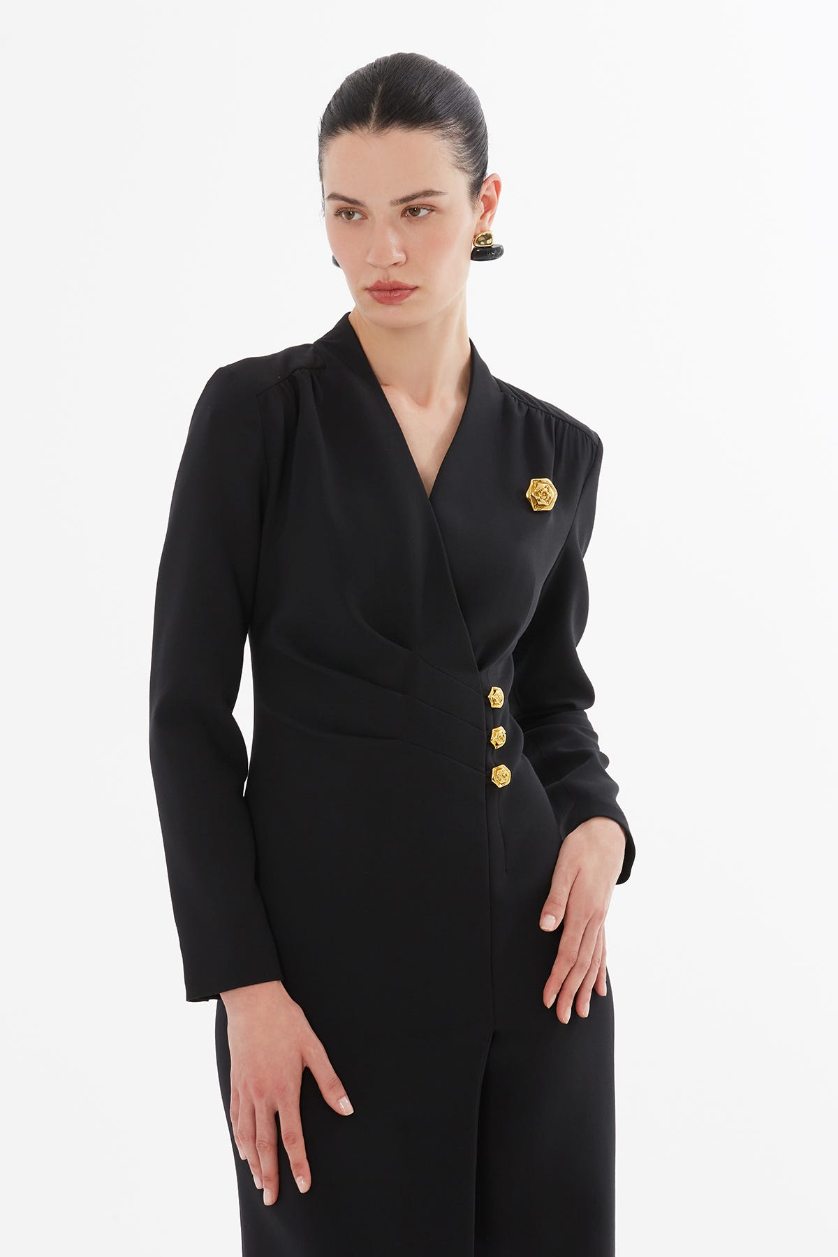 Kruvaze Kapamalı Yırtmaçlı Midi Elbise