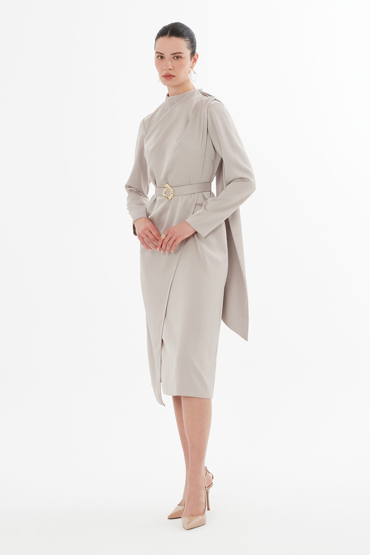 Bolero Görünümlü Kemerli Midi Boy Elbise