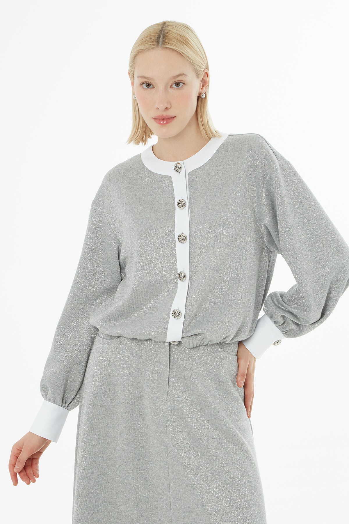 Bisiklet Yaka Ceket Ve Volanlı Midi Boy Etekli Takım