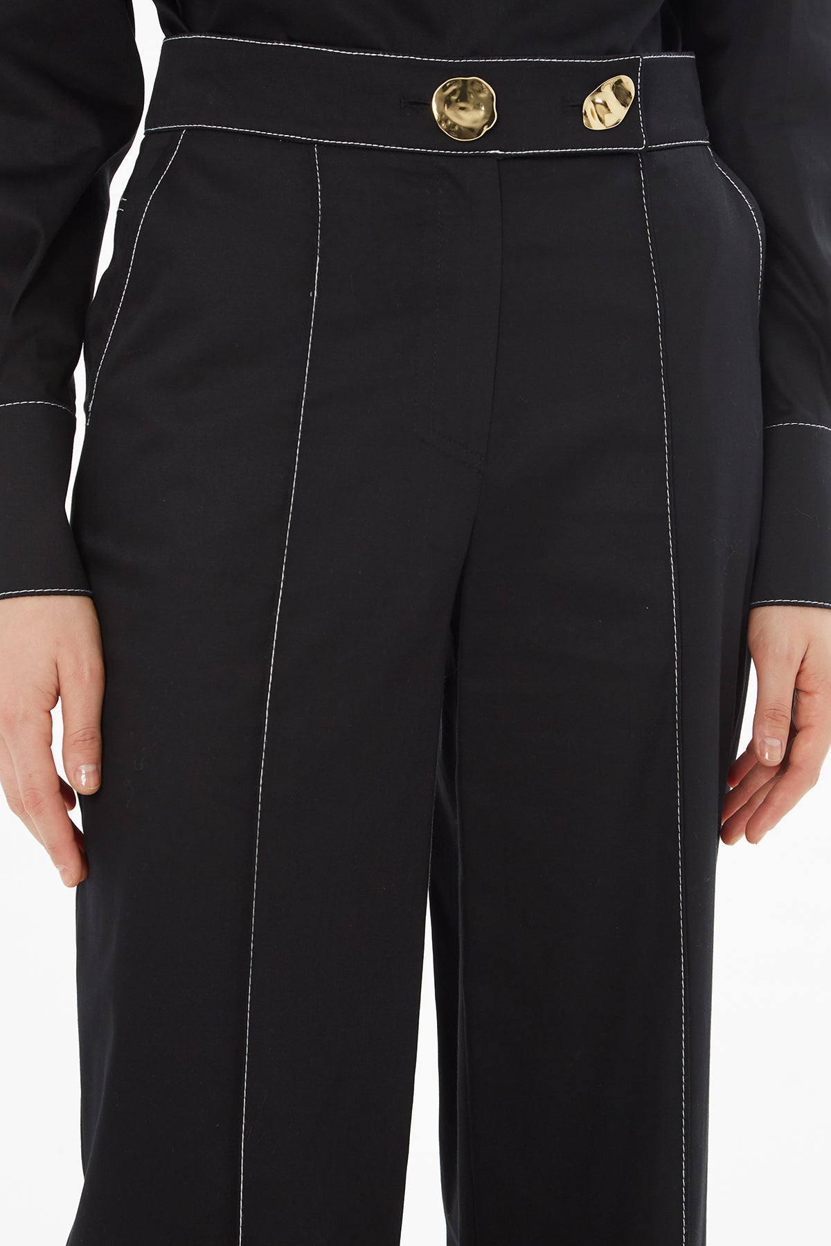 Kontrast Dikişli Asimetrik Düğmeli Pantolon