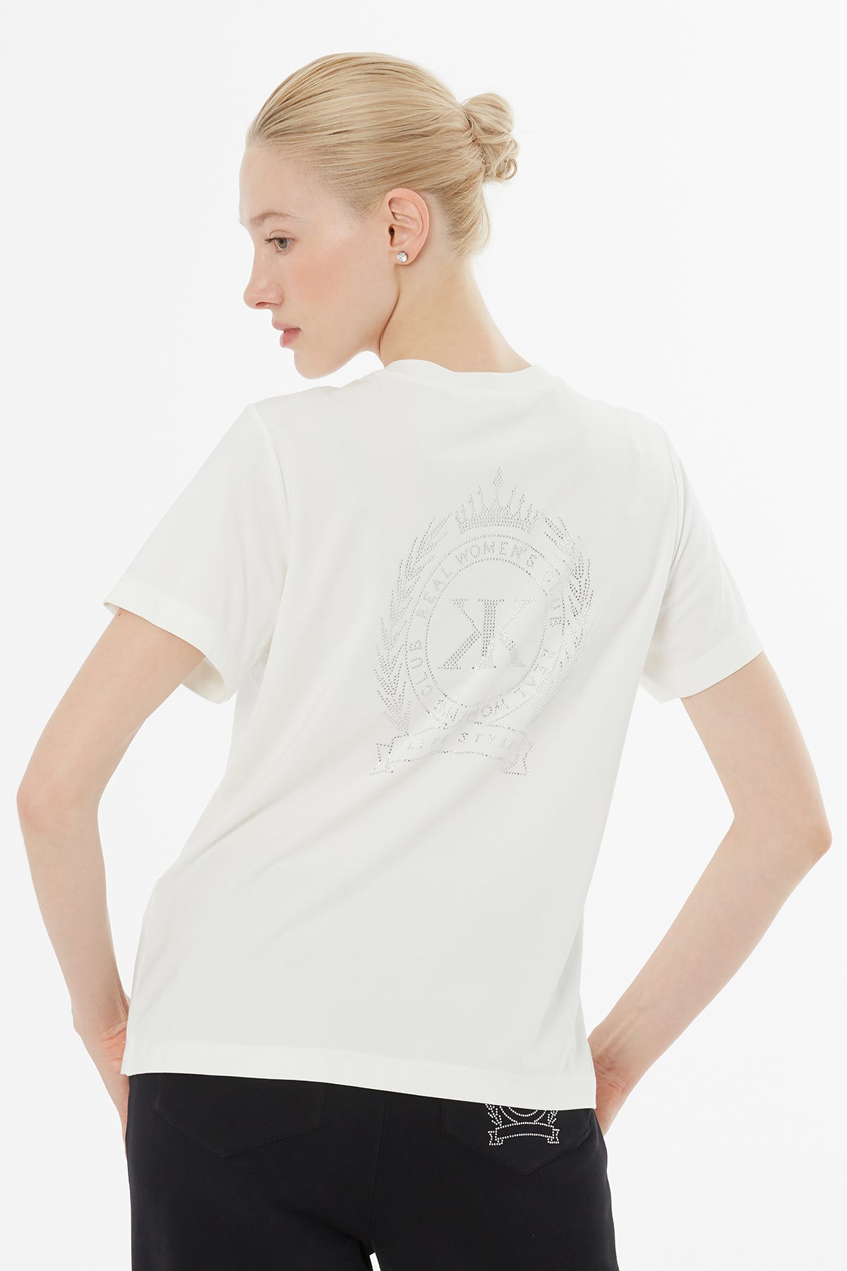 Önü Fermuarlı Arkada Baskılı Ekru T-Shirt