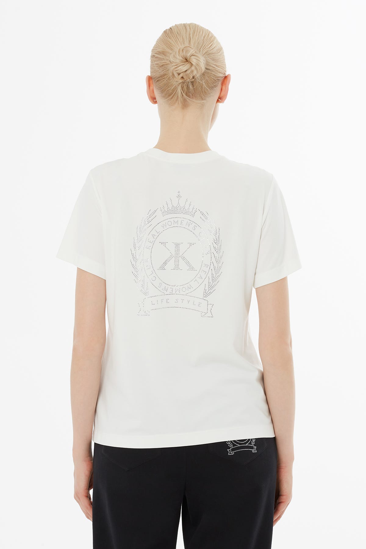 Önü Fermuarlı Arkada Baskılı Ekru T-Shirt