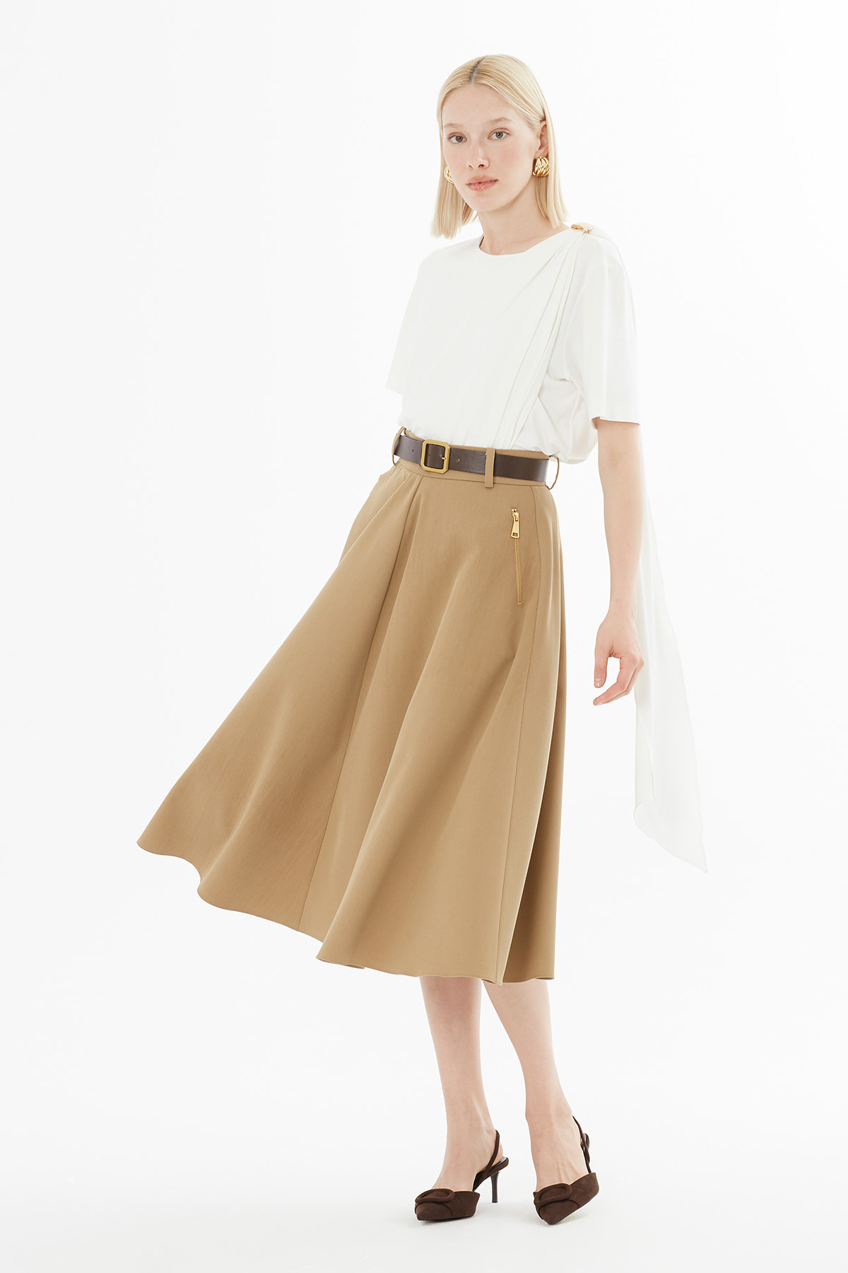 Deri Kemerli Pileli Midi Boy Elbise