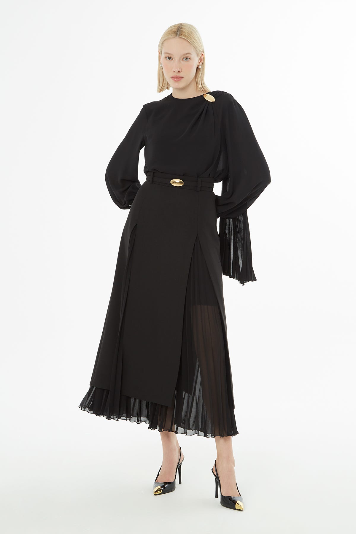 Kemerli Pliseli Midi Boy Etek