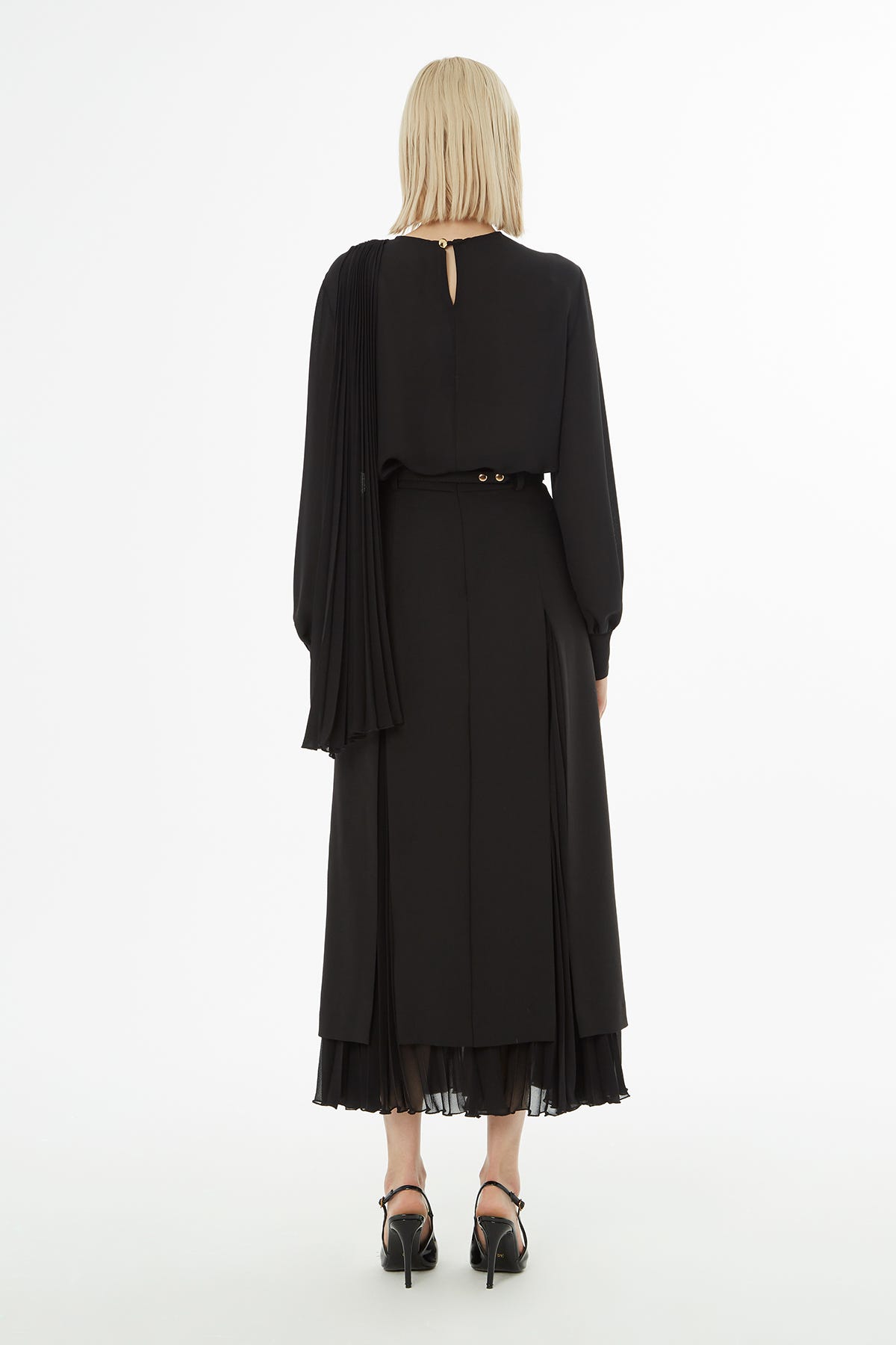 Kemerli Pliseli Midi Boy Etek