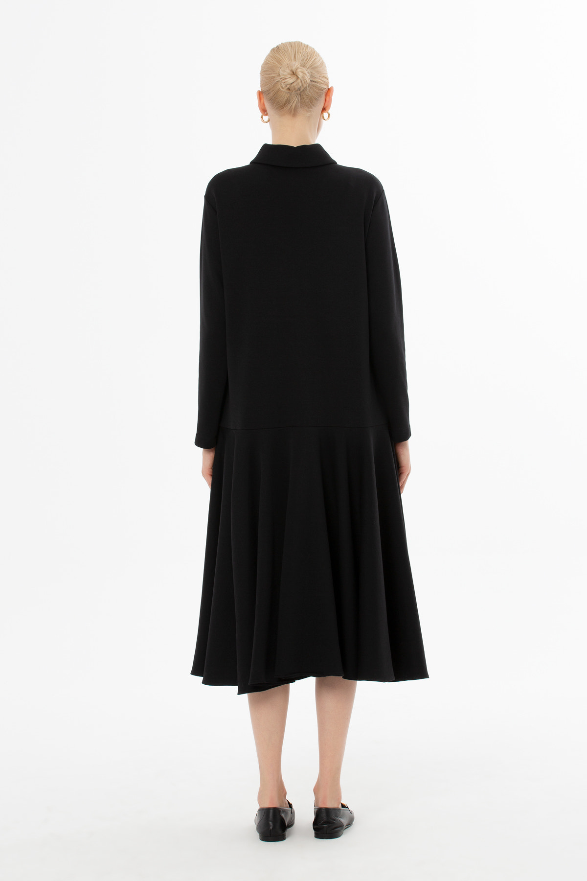 Önden Düğmeli Yakalı Midi Elbise