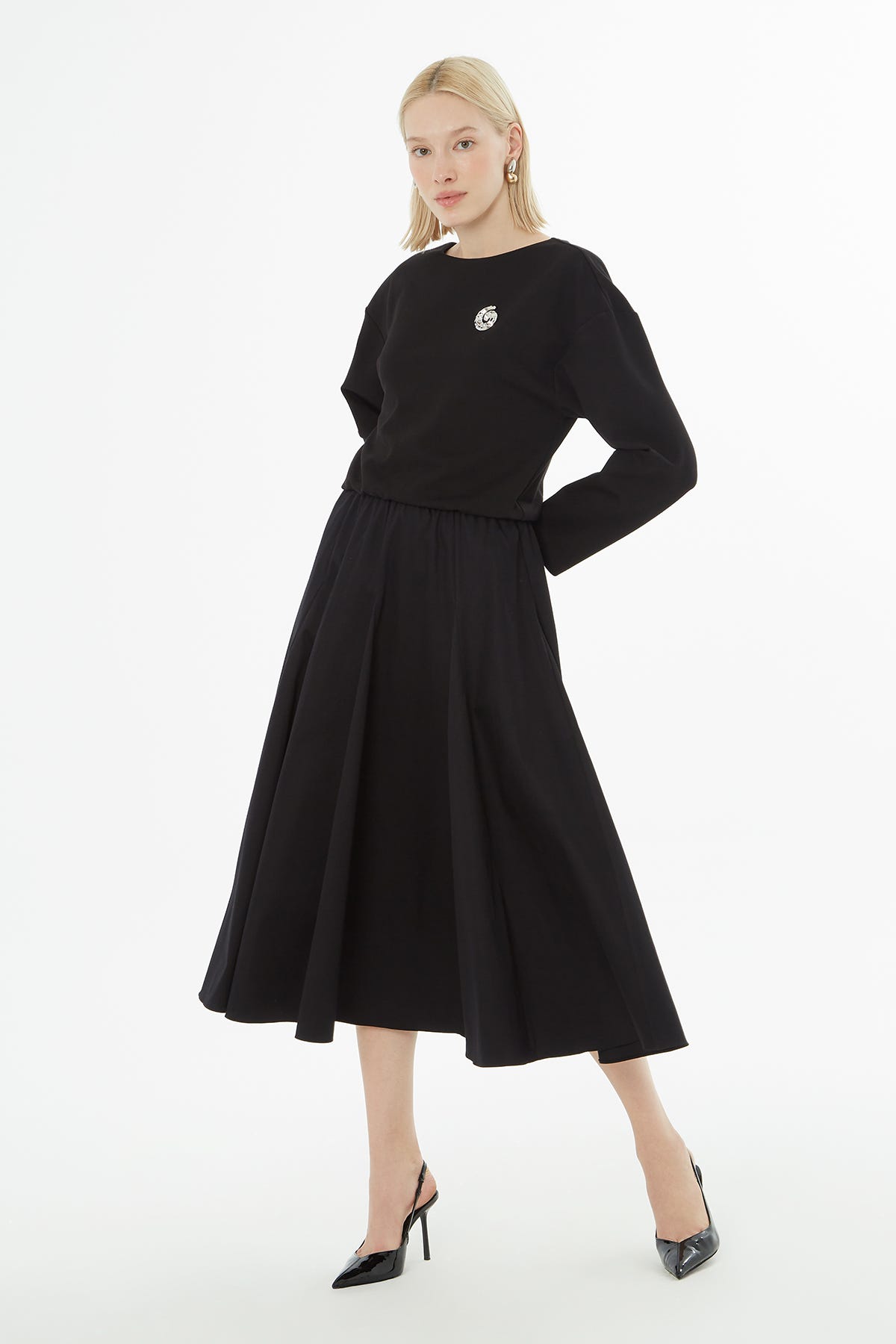 Uzun Kollu Midi Boy Elbise