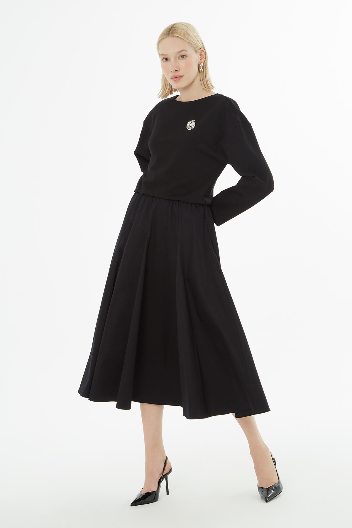 Uzun Kollu Midi Boy Elbise