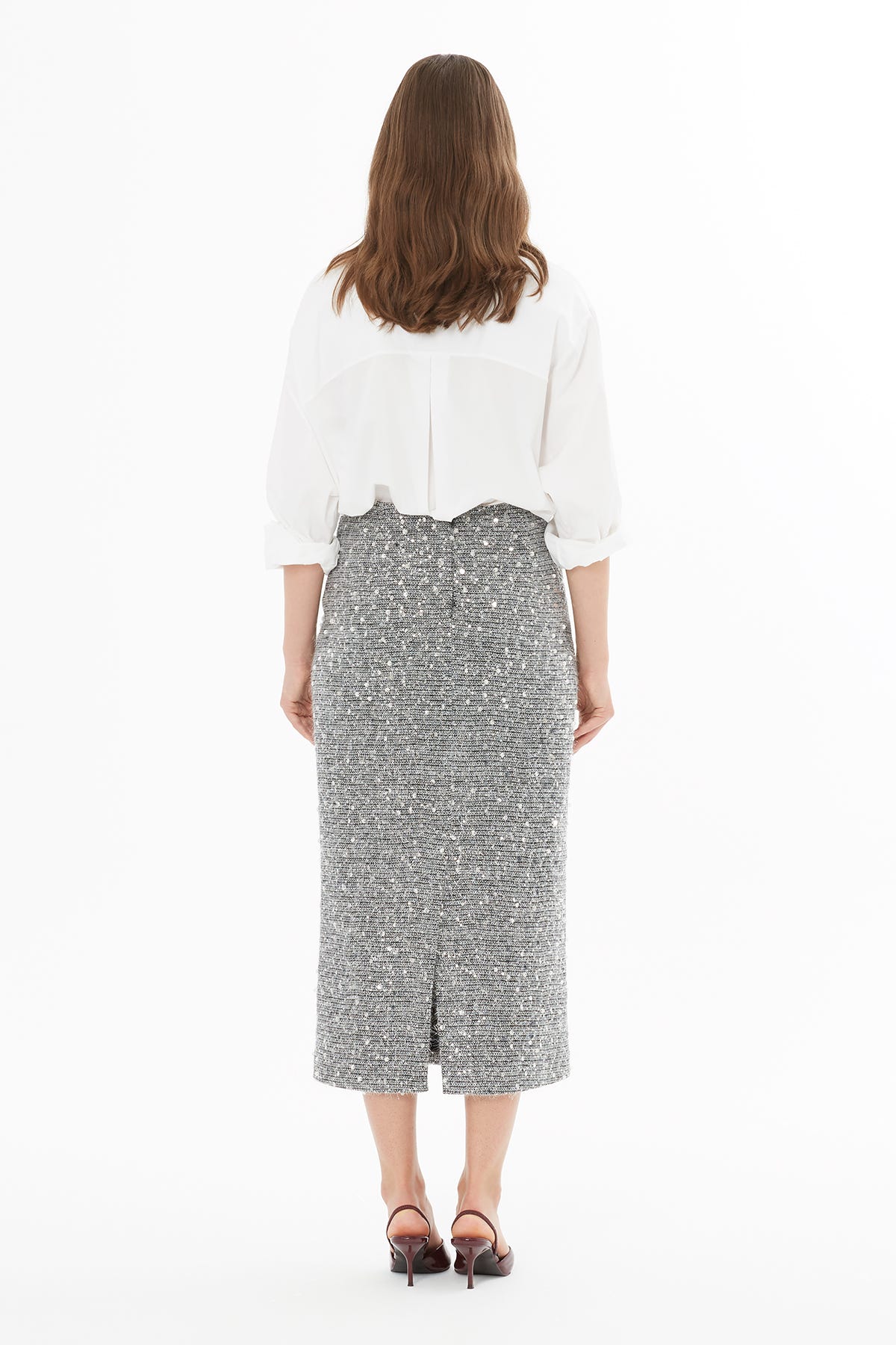 Arkadan Fermuar Kapamalı Yırtmaçlı Etek