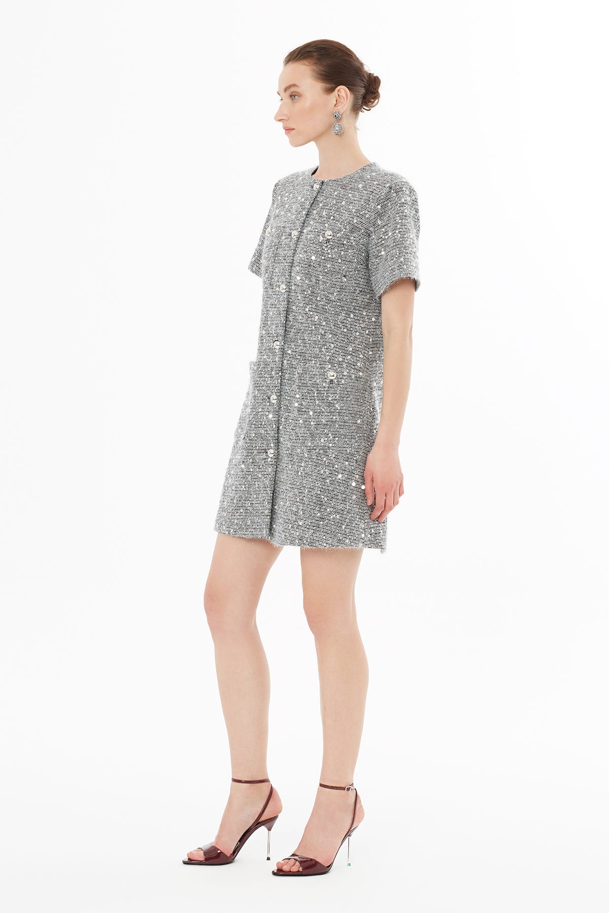 Yuvarlak Yaka Düğme Kapamalı Kısa Kollu Mini Elbise