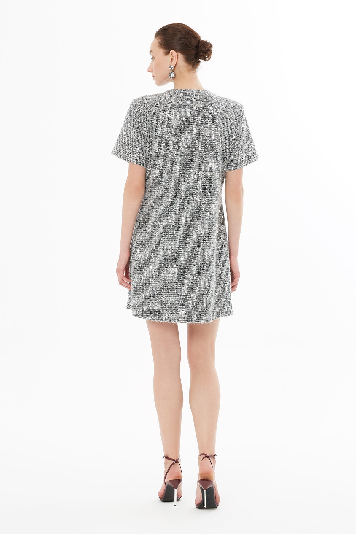 Yuvarlak Yaka Düğme Kapamalı Kısa Kollu Mini Elbise