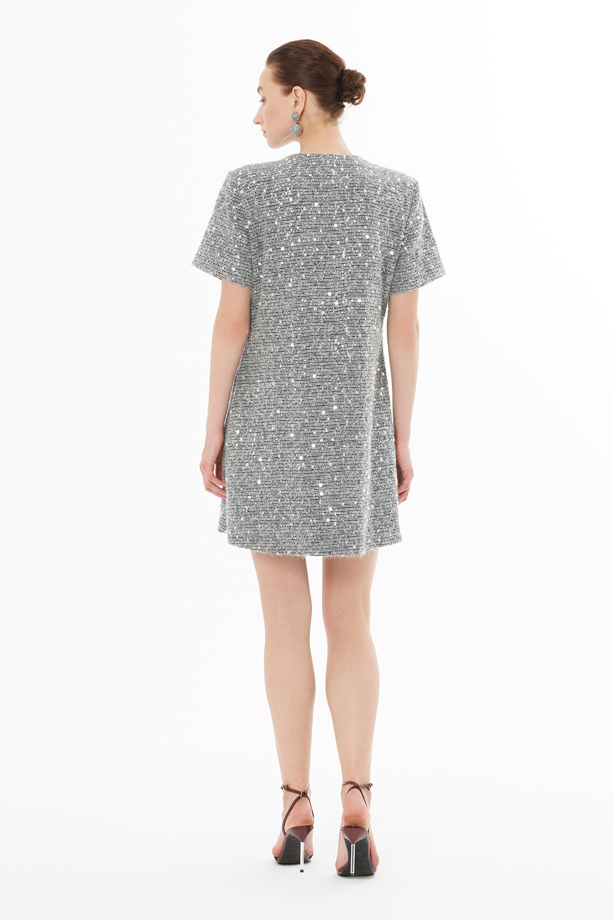 Yuvarlak Yaka Düğme Kapamalı Kısa Kollu Mini Elbise