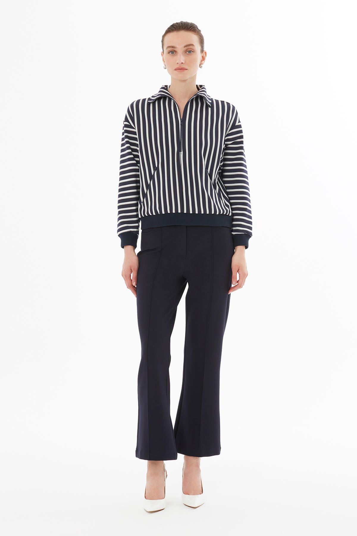 Gömlek Yakalı Fermuarlı Cep Detaylı Bluz