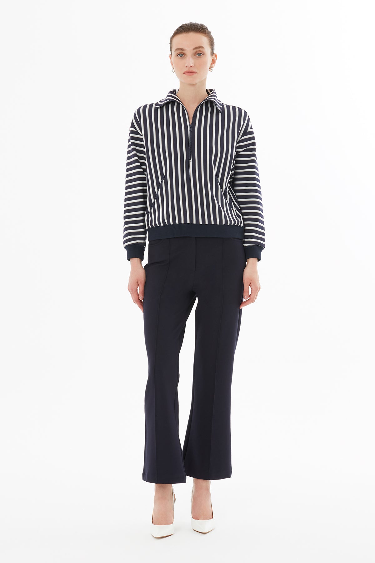 Gömlek Yakalı Fermuarlı Cep Detaylı Bluz