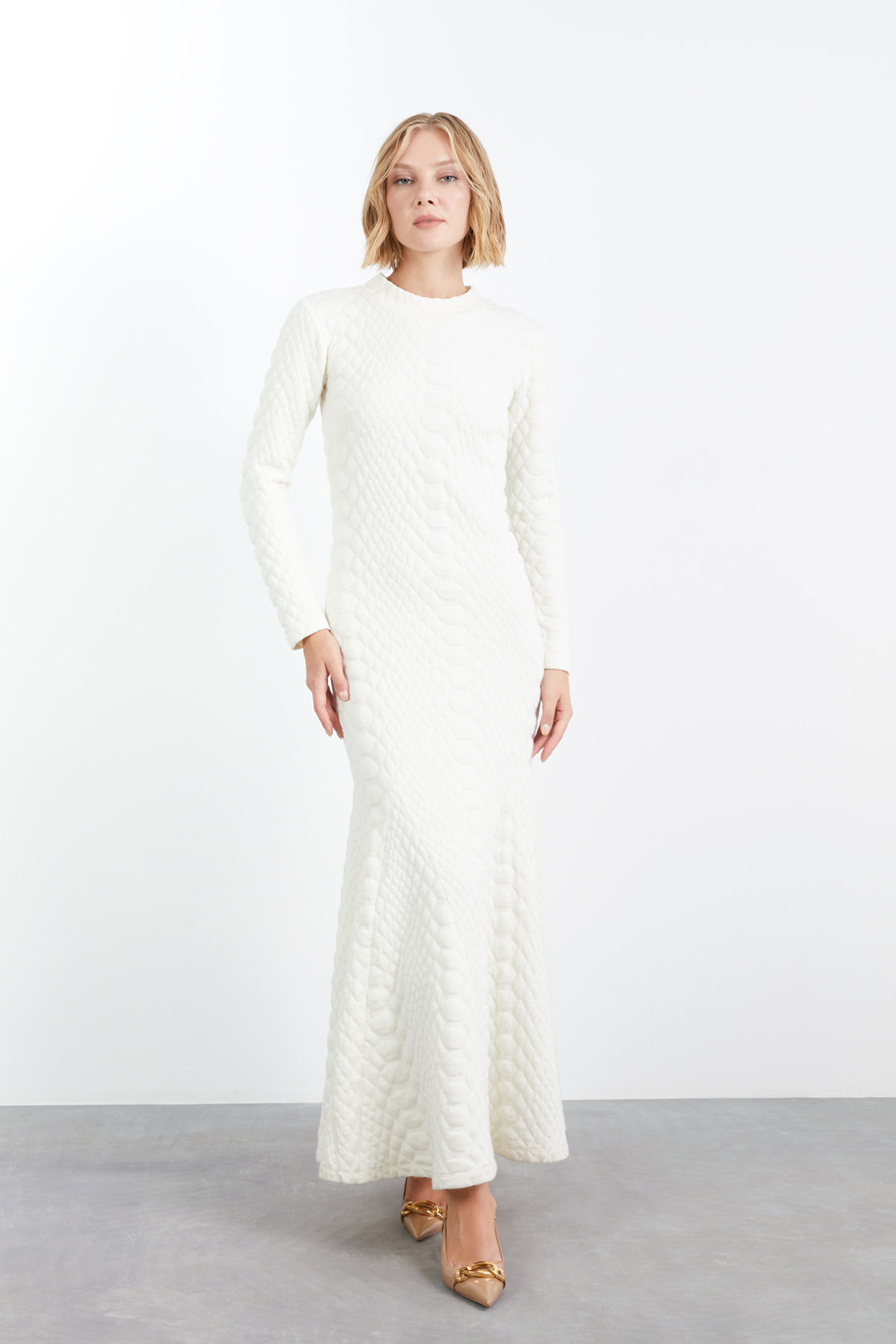 Volan Detaylı Maxi Boy Yılan Desenli  Örme Elbise