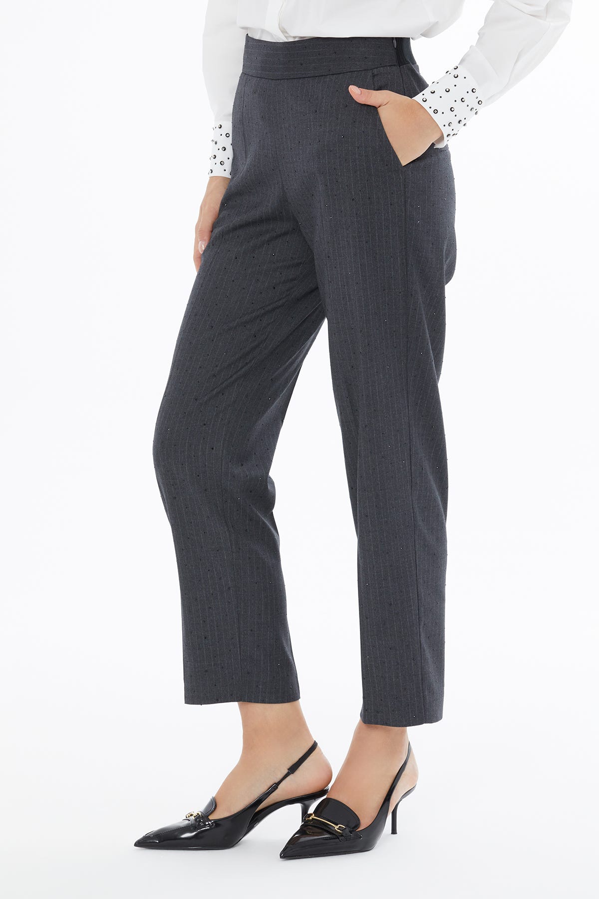 Yandan Gizi Fermuarlı Bilek Boy Taşlı Pantolon