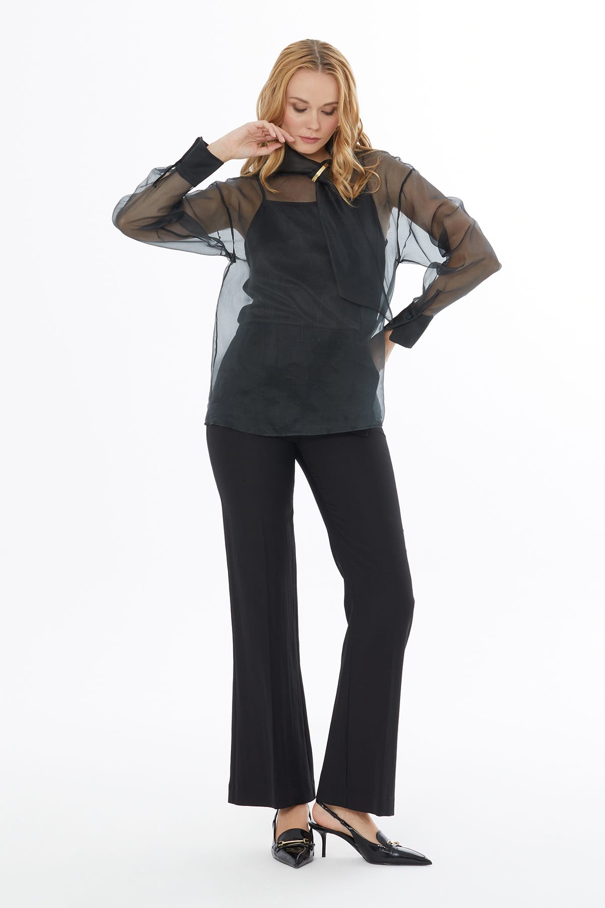 Dik Yakalı Arka Orta Düğme Kapamalı Transparan Bluz