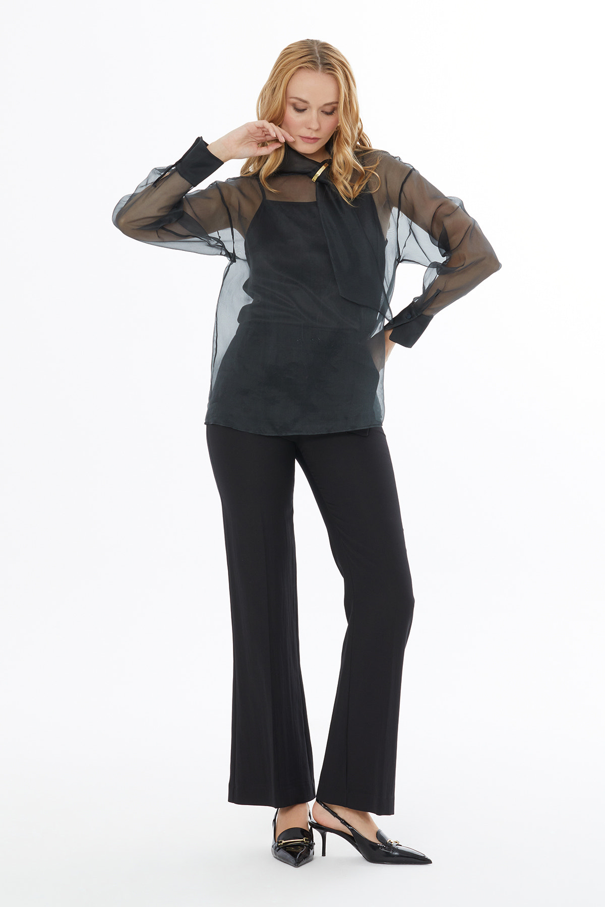 Dik Yakalı Arka Orta Düğme Kapamalı Transparan Bluz